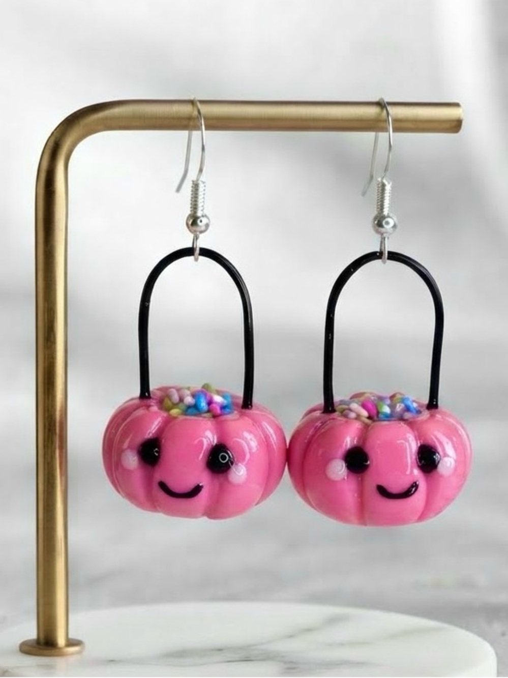 Pink Halloween Pumpkin Trick-or-Treat Basket - Handmade Earrings